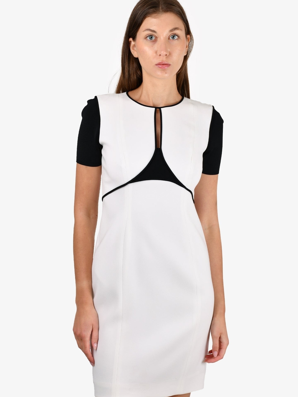 Elie Tahari White and Black Sheath Dress with Cutout Detail - Size 2